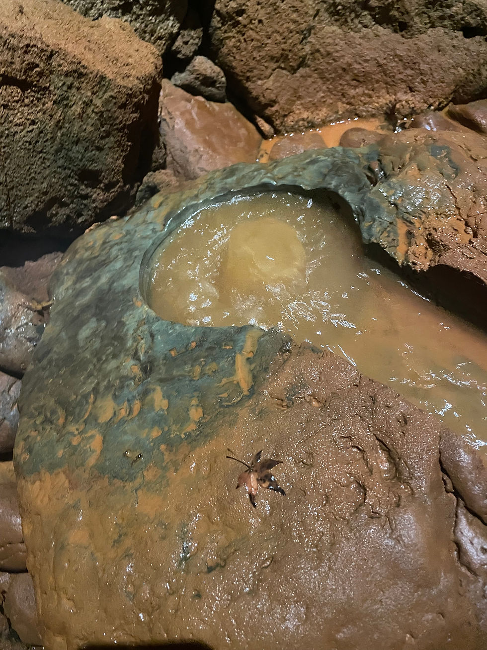 Arima's gold thermal water bubbling up among rocks