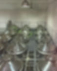 Stainless tanks arranged in 3 rows during a sake fermentation process