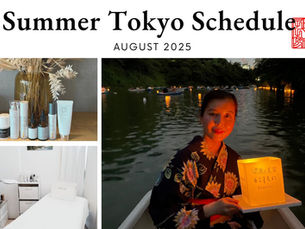 woman in a yukata holding a traditional Japanese candle, beside a treatment bed and neatly arranged Japanese skincare products