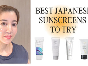 A woman's face with strips of white sunscreen applied to her cheek with 4 sunscreens displayed beside her