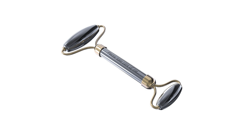 Thumbnail: silver terahertz roller with gold clasps for facial massage and lymphatic drainage