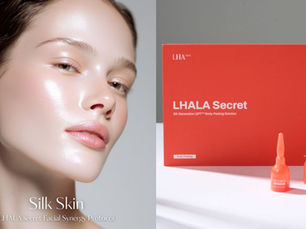 Glowing female face next to two orange skincare ampoules and a bright orange box container