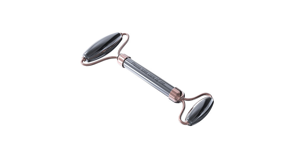 Thumbnail: silver terahertz roller with rose gold clasps for facial massage and lymphatic drainage
