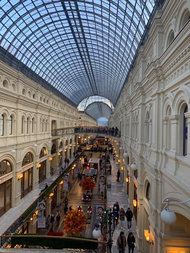 Interior of the department store Gum in Moscow, the video below is the magical street outside Gum