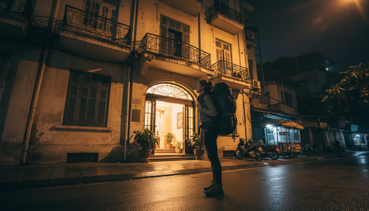 Low-angle view of a traveler standing outside a lit apartment entrance at night.