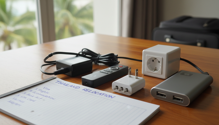 Eye-level view of travel electronics including a streaming stick, VPN setup note, adapters, and a voltage converter
