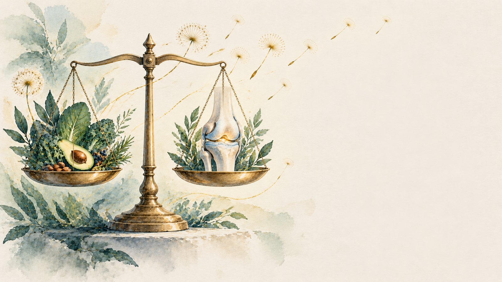 Ilustração de balança com alimentos de um lado e uma articulação do joelho do outro