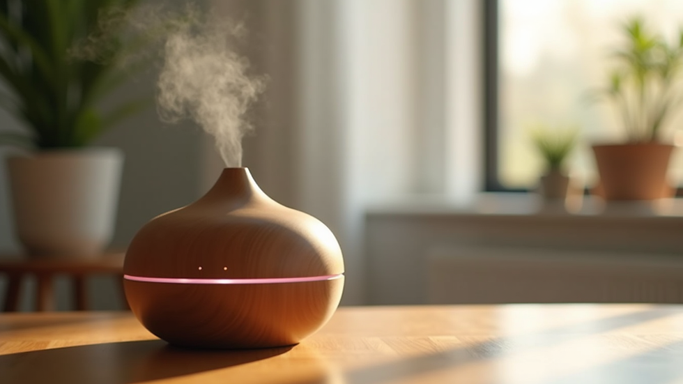 Close-up view of an essential oil diffuser emitting mist on a wooden table
