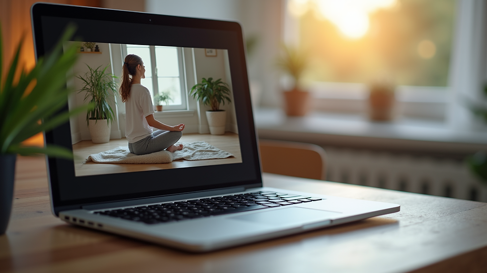 Close-up view of a laptop screen showing a virtual wellness workshop in progress