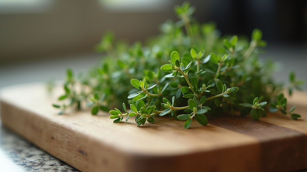 Eye-level view of fresh thyme sprigs on wooden cutting board