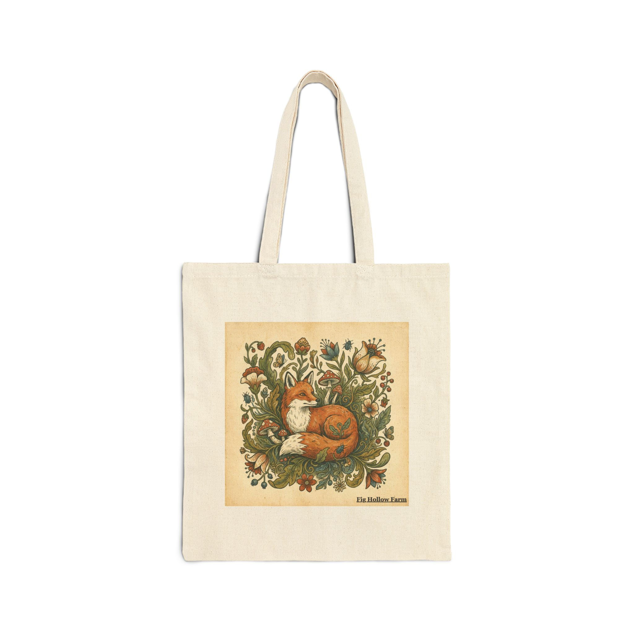 Canvas Tote Bag, Vintage Sleeping Fox Floral Illustration Tote Image 1