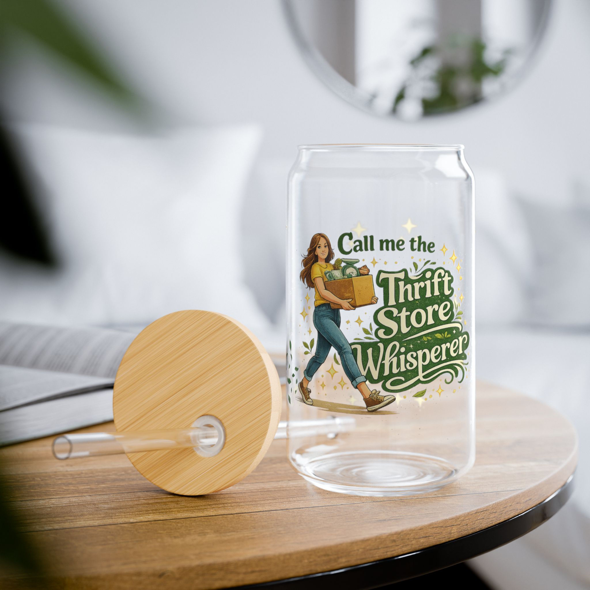 16oz Sipper Glass “Call Me the Thrift Store Whisperer” Vintage Shopper Design 5