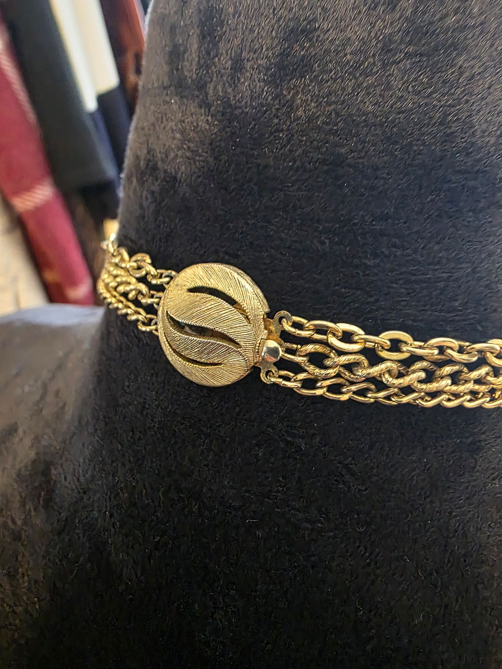Thumbnail: Vintage Three Strand Gold Tone Sautoir Necklace with Tear Drop Pendant 4
