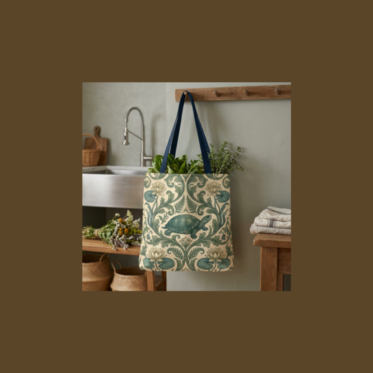 Vintage Turtle Botanical Tote Bag Art Nouveau Floral Pattern | Farm & Fauna MU