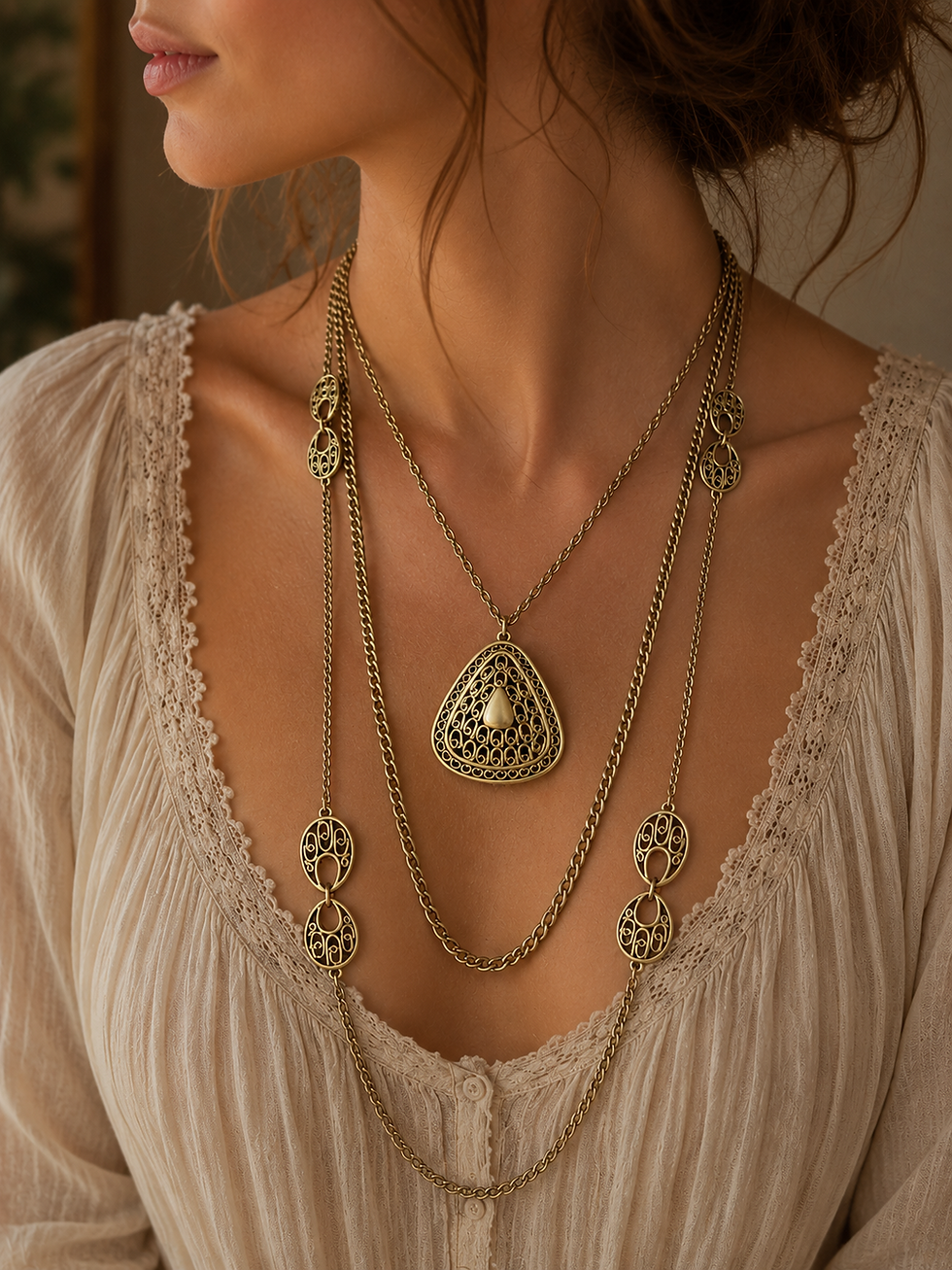 Vintage Three Strand Gold Tone Sautoir Necklace with Tear Drop Pendant