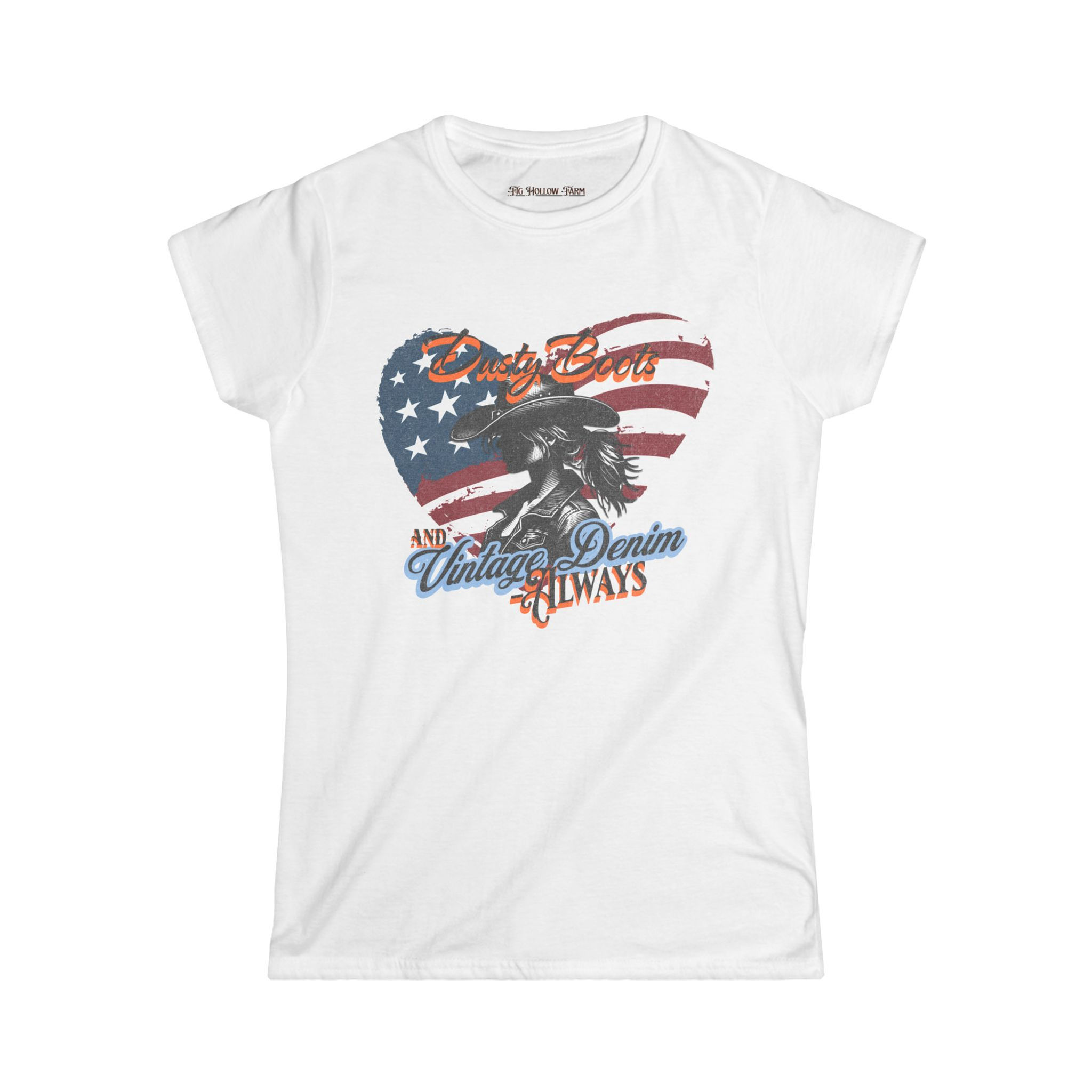 Homesteader Dusty Boots Vintage Denim Shirt, American Flag Heart, Women's Tee