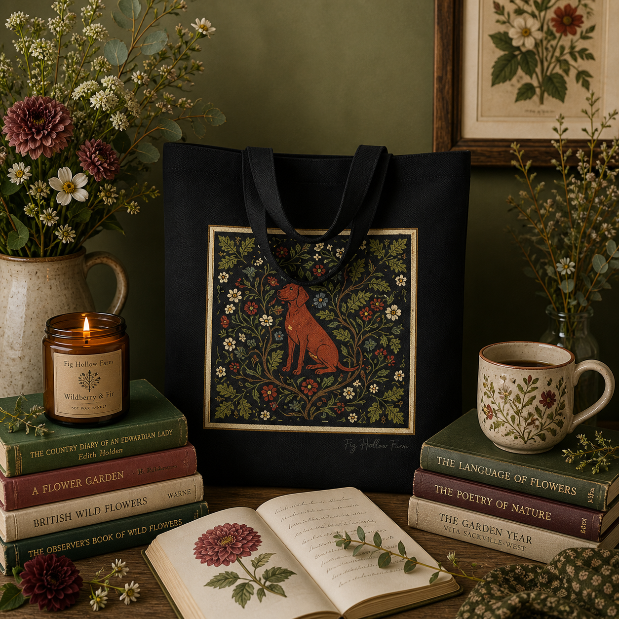 Botanical Redbone Hound Dog Print Tote Bag | Fig Hollow Farm | Hound Lover Bag MU