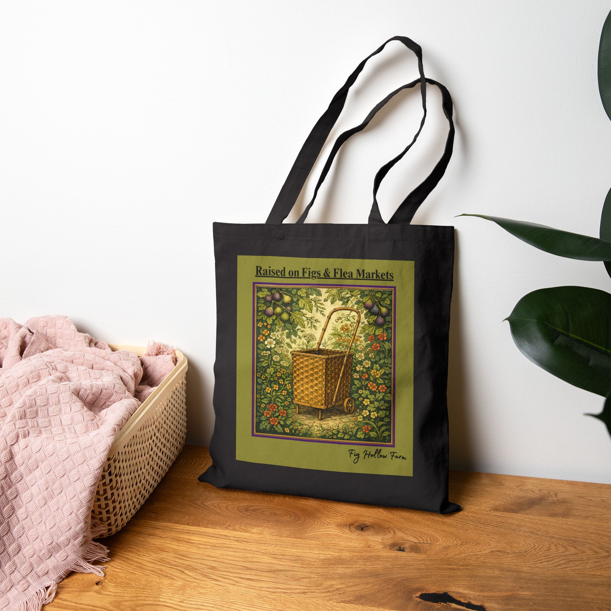 Fig Tree Botanical Art with Market Basket | Fig Hollow Farm | Tote Bag 1