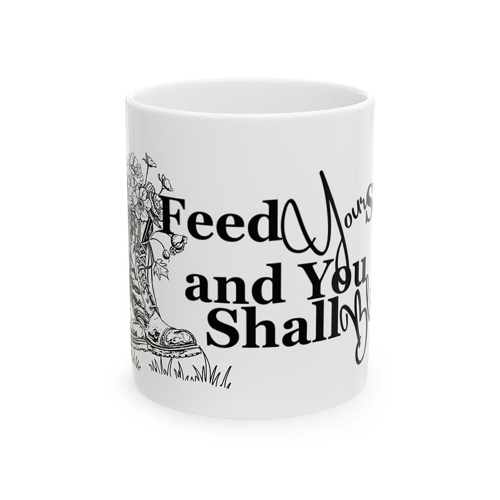 Daily Affirmation Gardening Ceramic Mug, Feed Your Soul and You Shall Bloom front view