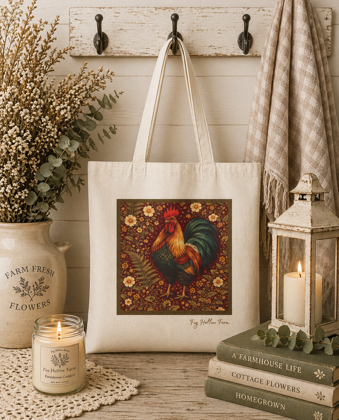 Rooster Canvas Tote Bag | Rustic Farmhouse Market Bag | Farm & Fauna Collection