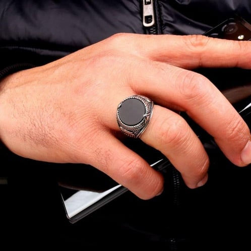 Thumbnail: Mens ring round onyx gemstone eagle 925 sterling silver