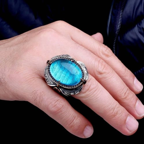 Thumbnail: Mens ring aquamarine gemstone ayat el kursi 925 sterling silver