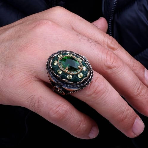 Thumbnail: Mens ring carved amber gemstone crescent star 925 sterling silver