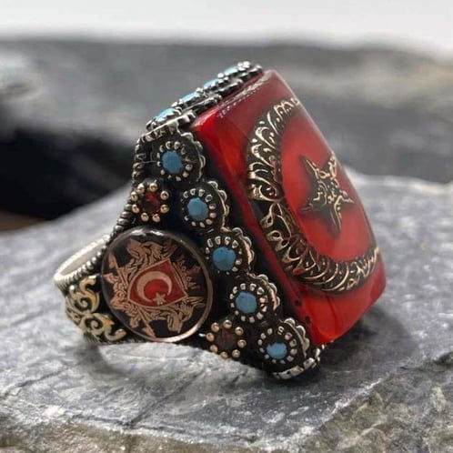 Thumbnail: Mens ring kalima crescent star red enamel 925 sterling silver