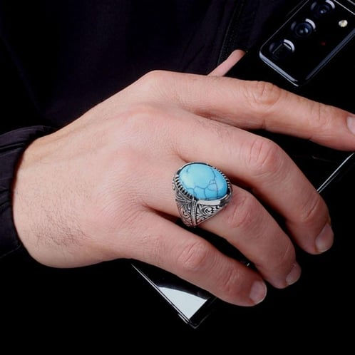 Thumbnail: Mens ring turquoise gemstone filigree sterling silver