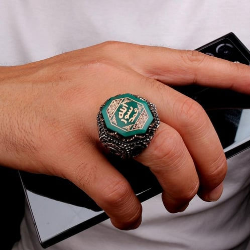 Thumbnail: Mens ring seal of prophet Mohammed green gemstone 925 sterling silver