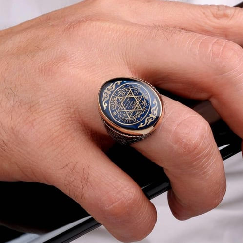 Thumbnail: Mens ring seal of solomon blue enamel 925 sterling silver