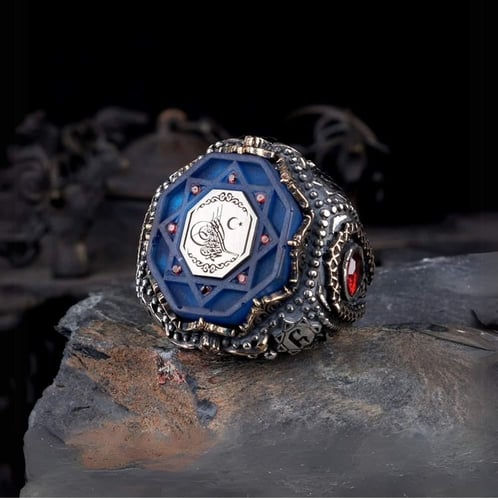 Mens ring ottoman sultan sign red cz gemstone 925 sterling silver