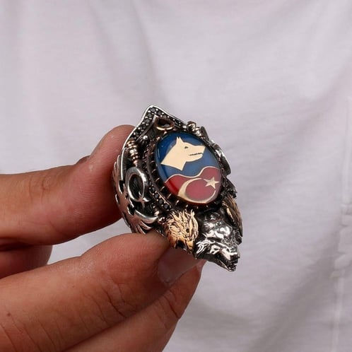 Thumbnail: Thumb archery ring wolf crescent star 925 sterling silver