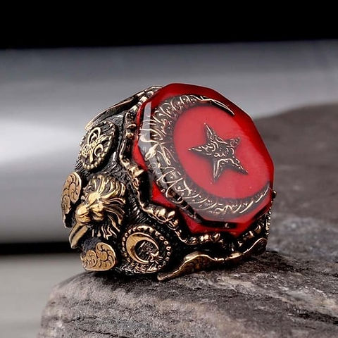 Mens ring crescent star red enamel 925 sterling silver | Yussuk