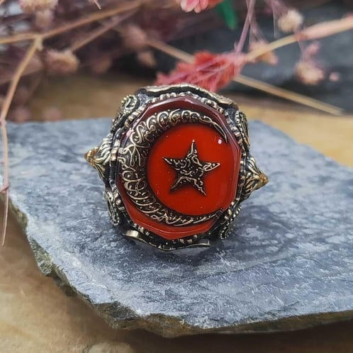 Thumbnail: Mens ring crescent star red enamel 925 sterling silver