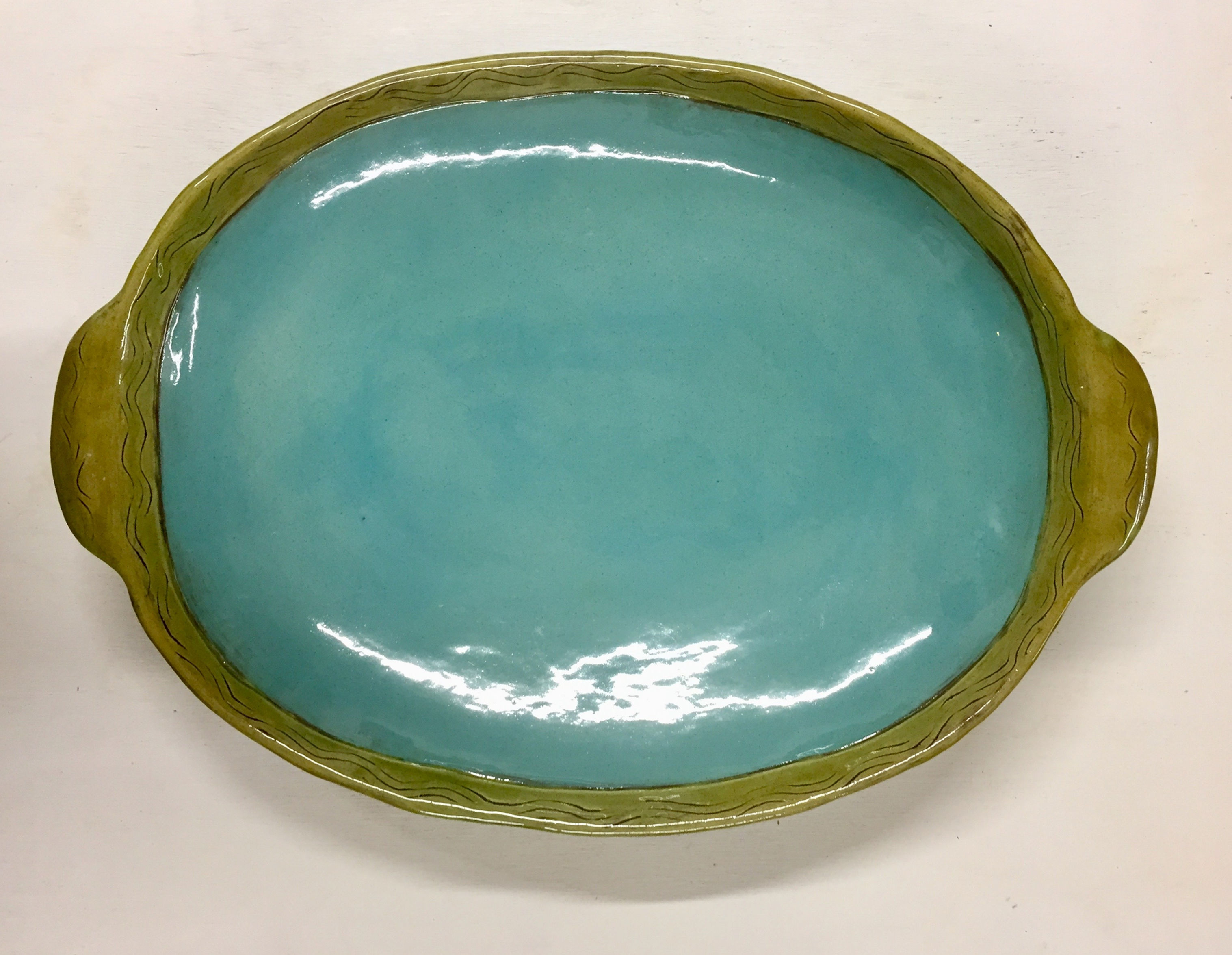 serving dish turquoise with green rim