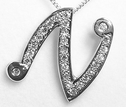 Jewellery Commission. Testimonial page. Cad designed initial N pendant in white gold with diamonds. Bespoke pendant. One off.