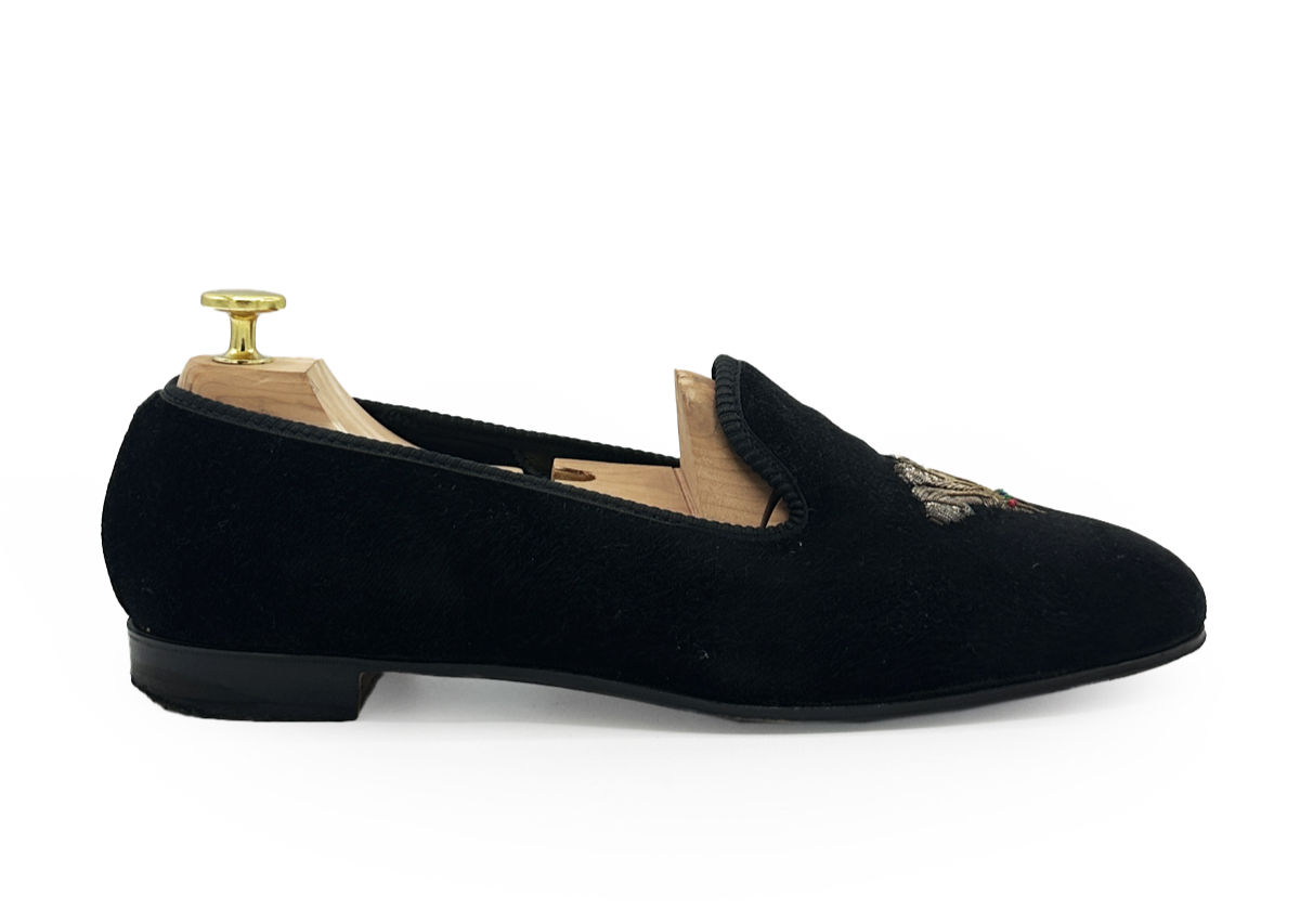 BLACK VELVET EMBROIDERED SLIPPERS MADE IN ENGLAND