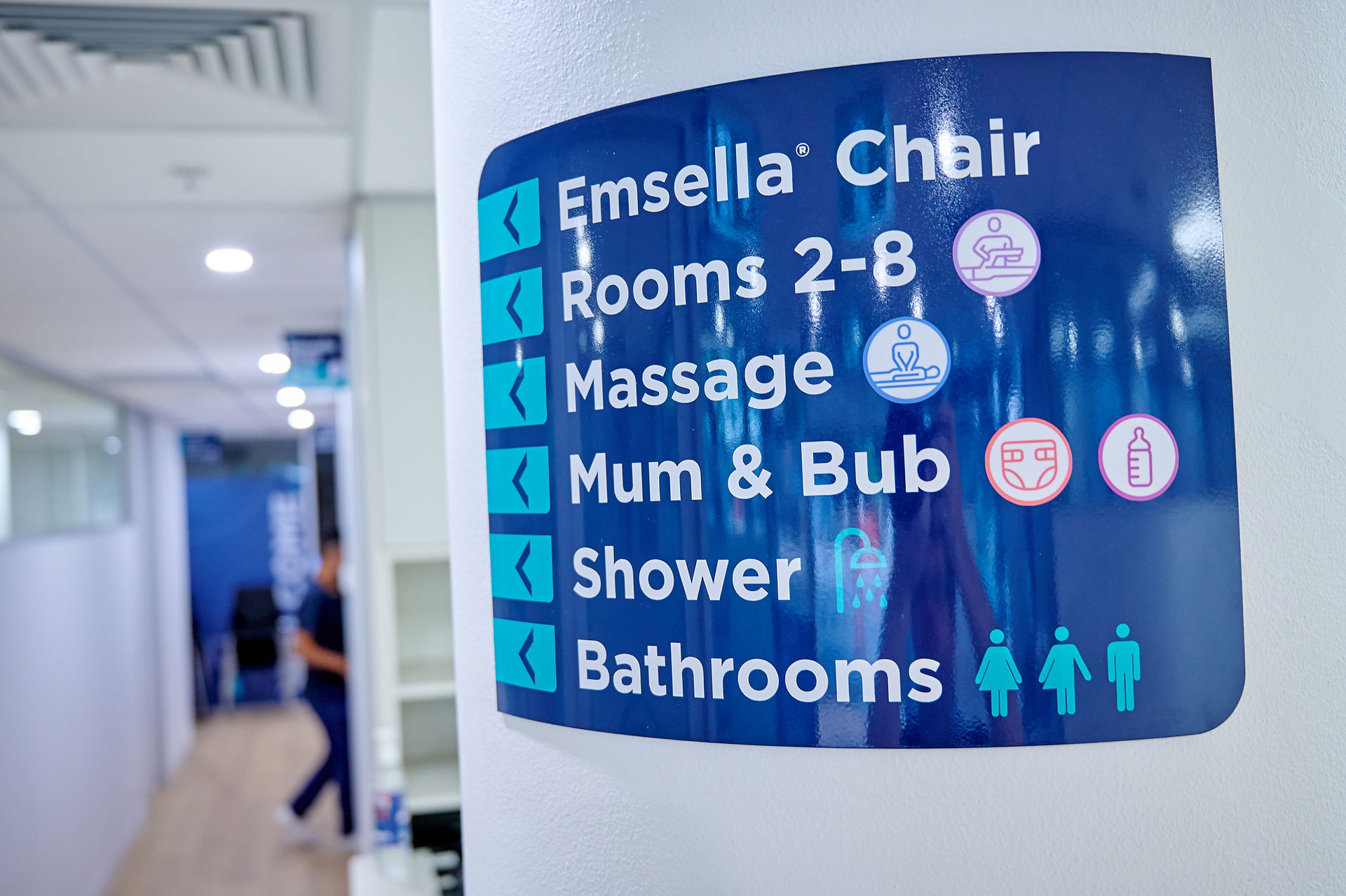 Allied health marketing for SPC clinic wayfinding signage in blue colours.