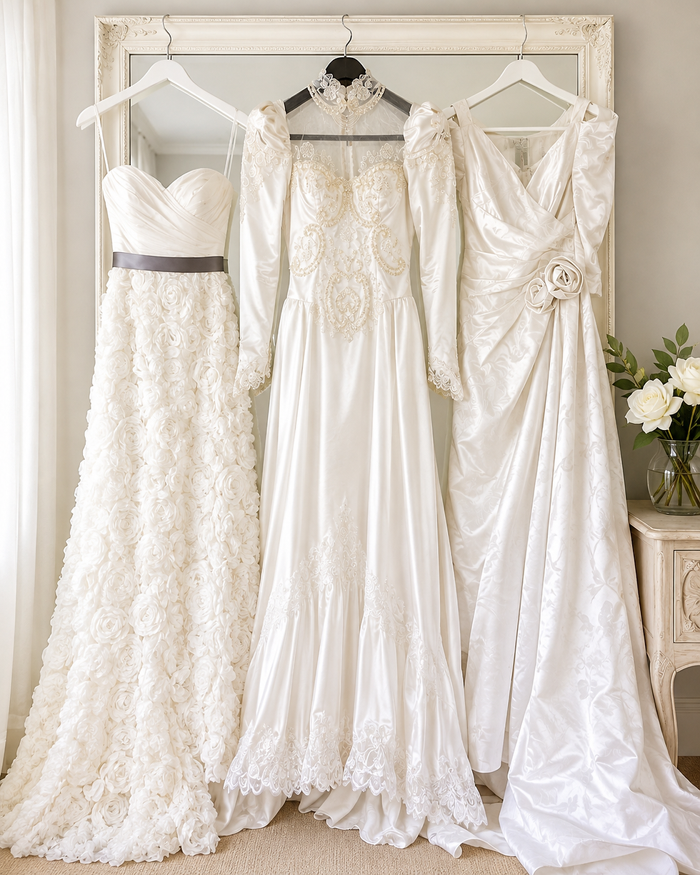 Three elegant white wedding dresses on hangers.