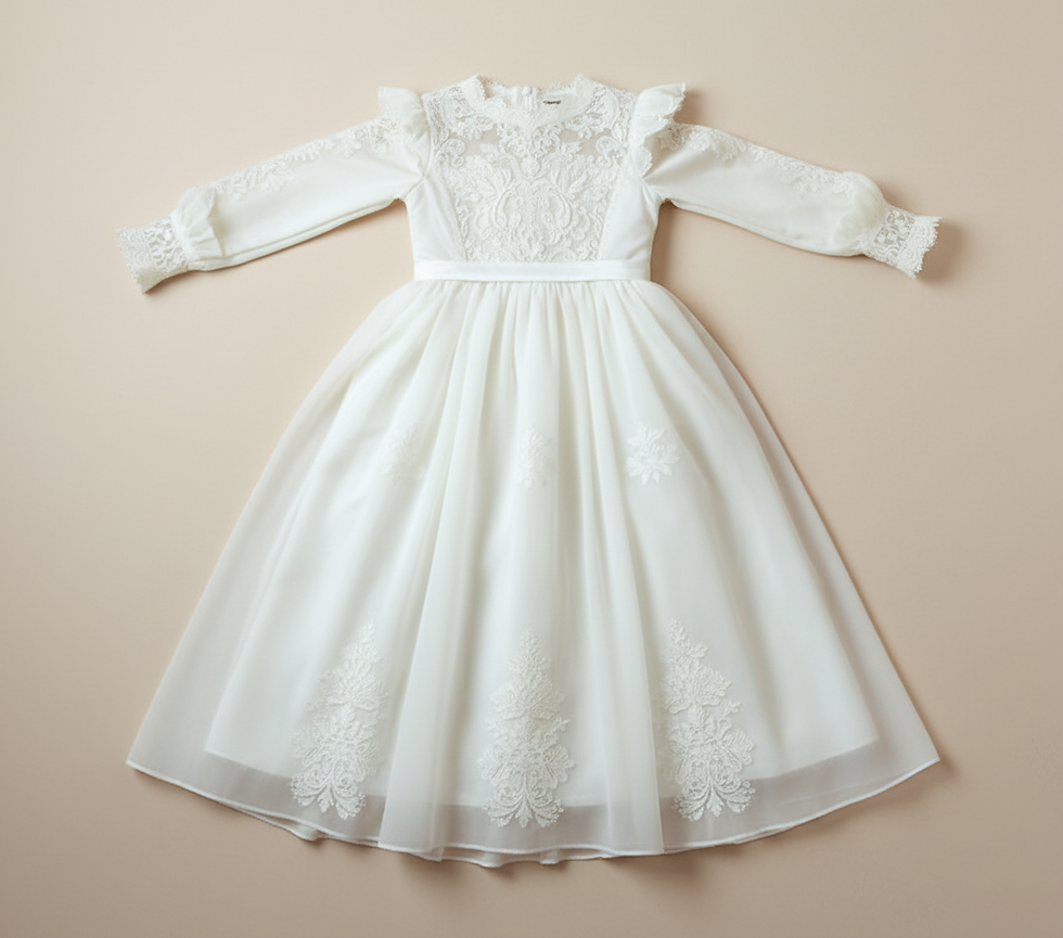 white childs dress with lace and long sleeves, similar to a wedding dress,  chid's face no