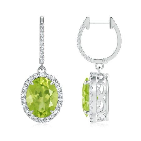 oval peridot and diamond halo white gold drop earrings