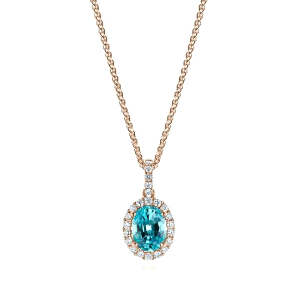 oval blue zircon and diamond halo yellow gold necklace