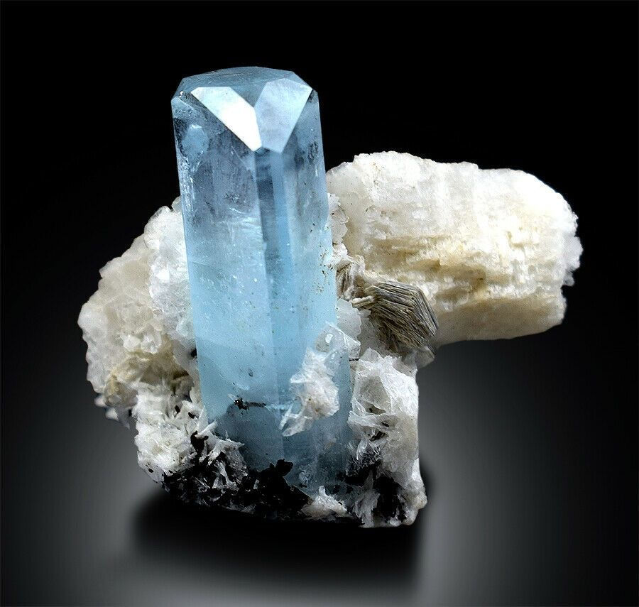 long aquamarine rough crystal on a white host rock on a black background