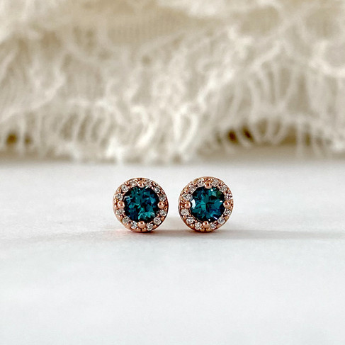 round alexandrite and diamond halo rose gold stud earrings