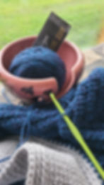 Blue yarn and crochet hook in a pink bowl with bird pattern, behind a grey-crochet project. Green grass visible outside. Text: "Cascade 220" on yarn label in bowl.