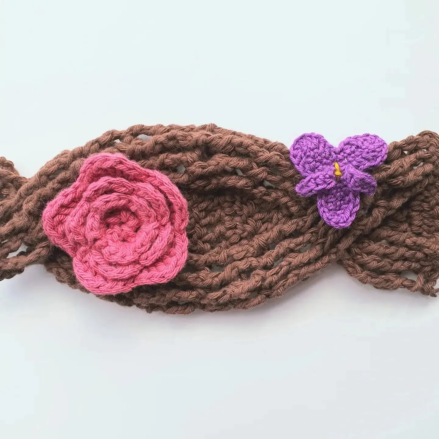 Rose and Violet Cream Band in brown cotton with purple and pink flowers