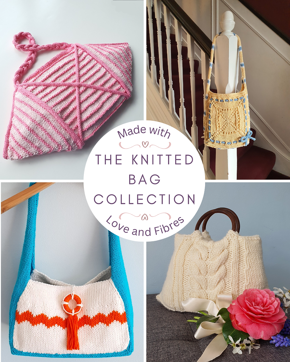Four knitted bags in various colors and styles are displayed in a collage. Central text reads "The Knitted Bag Collection by Made with Love and Fibres."