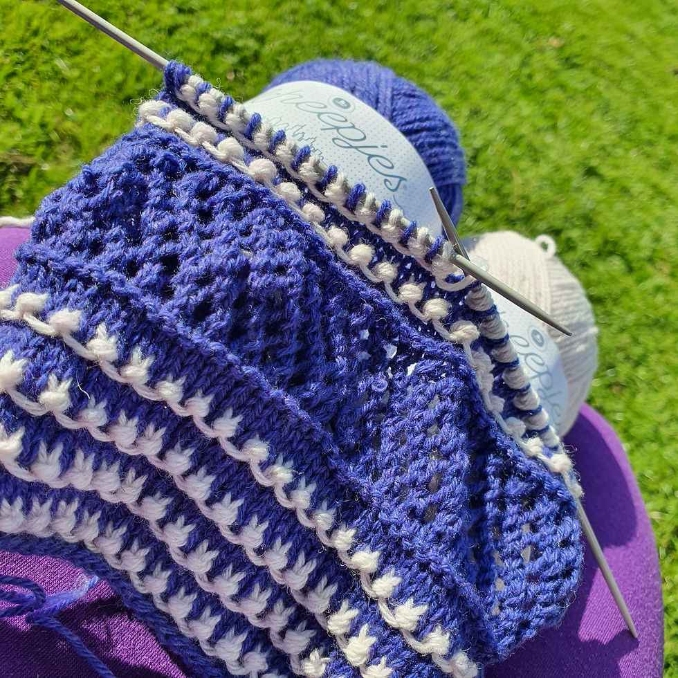 Knitting project with blue and white yarn on grass. "Scheepjes" text on yarn label. Needles and purple cloth visible. Bright, sunny day.