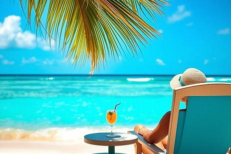Una playa cálida y soleada con un vibrante mar caribeño. Alguien sentado en una silla en la playa.